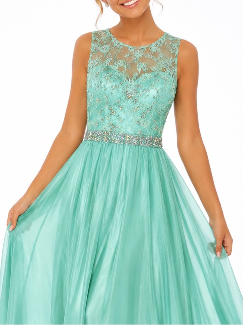 Rianna Couture Embellished light sea Green Chiffon Dress prom full length